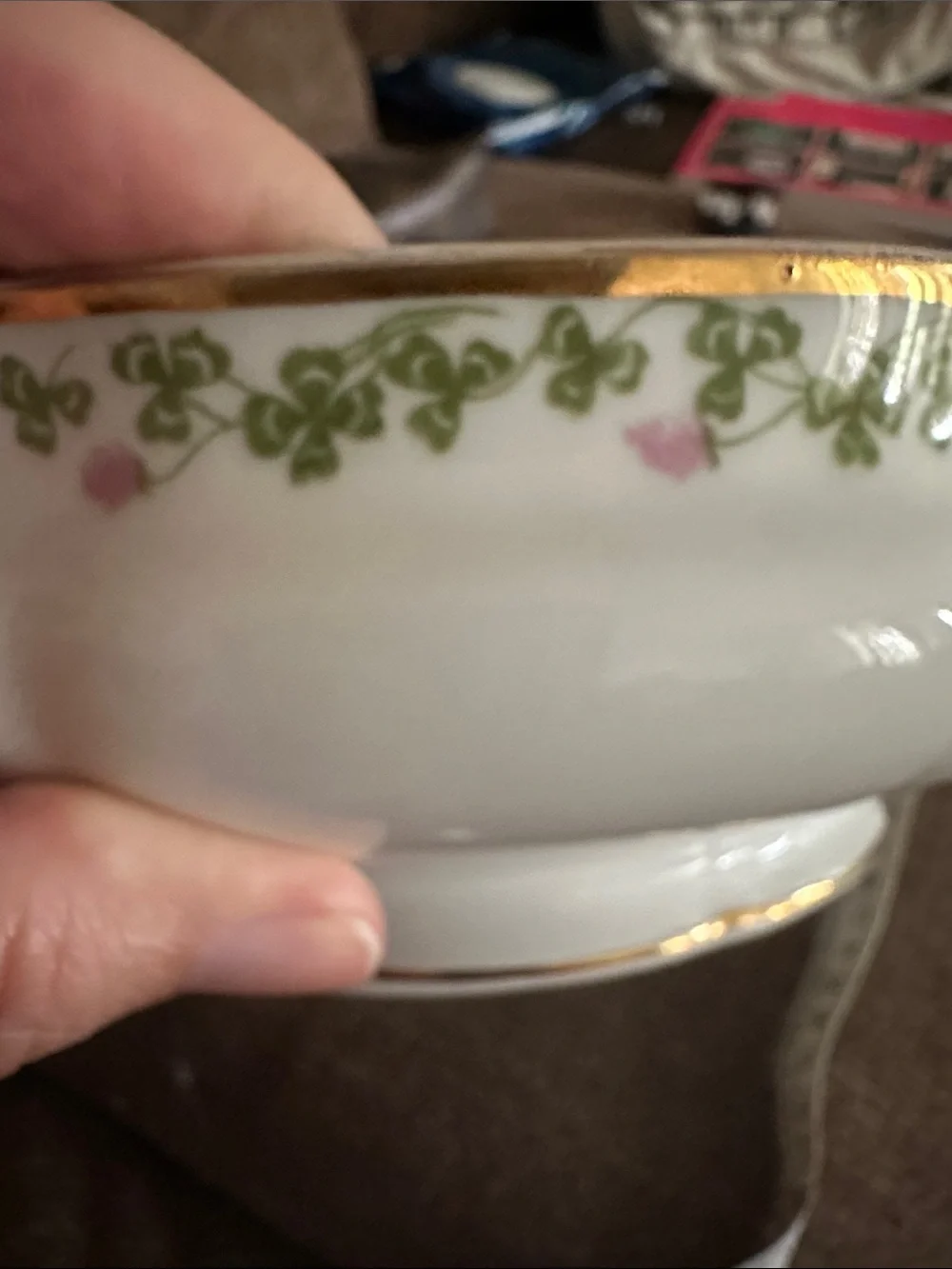Antique Limoges Porcelain Serving Bowl with Gold Handles and Green Vine Detail